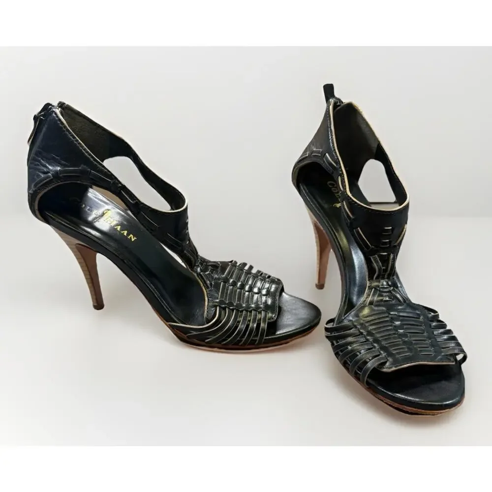 Cole Haan Women’s Black Leather Open Toe Heels Size 6B - Ankle zip - Picture 7 of 7